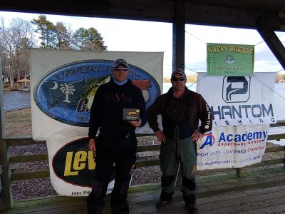 Read more about the article Tournament Results Yadkin High Rock Fall Final Dec 16, 2018 Talbert & Haynes Weigh 1 Bass & Take it All! 6.94 lbs  $2,765.00!